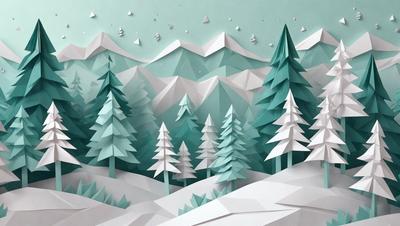 The primary subject of the image is a snowy mountain landscape with a forest of trees. The setting is a wintery environment with snow-covered trees and mountains in the background. The visual style is a combination of digital art and illustration, creating a realistic and detailed representation of the scene. The colors and mood are predominantly white and blue, giving the image a serene and peaceful atmosphere.
